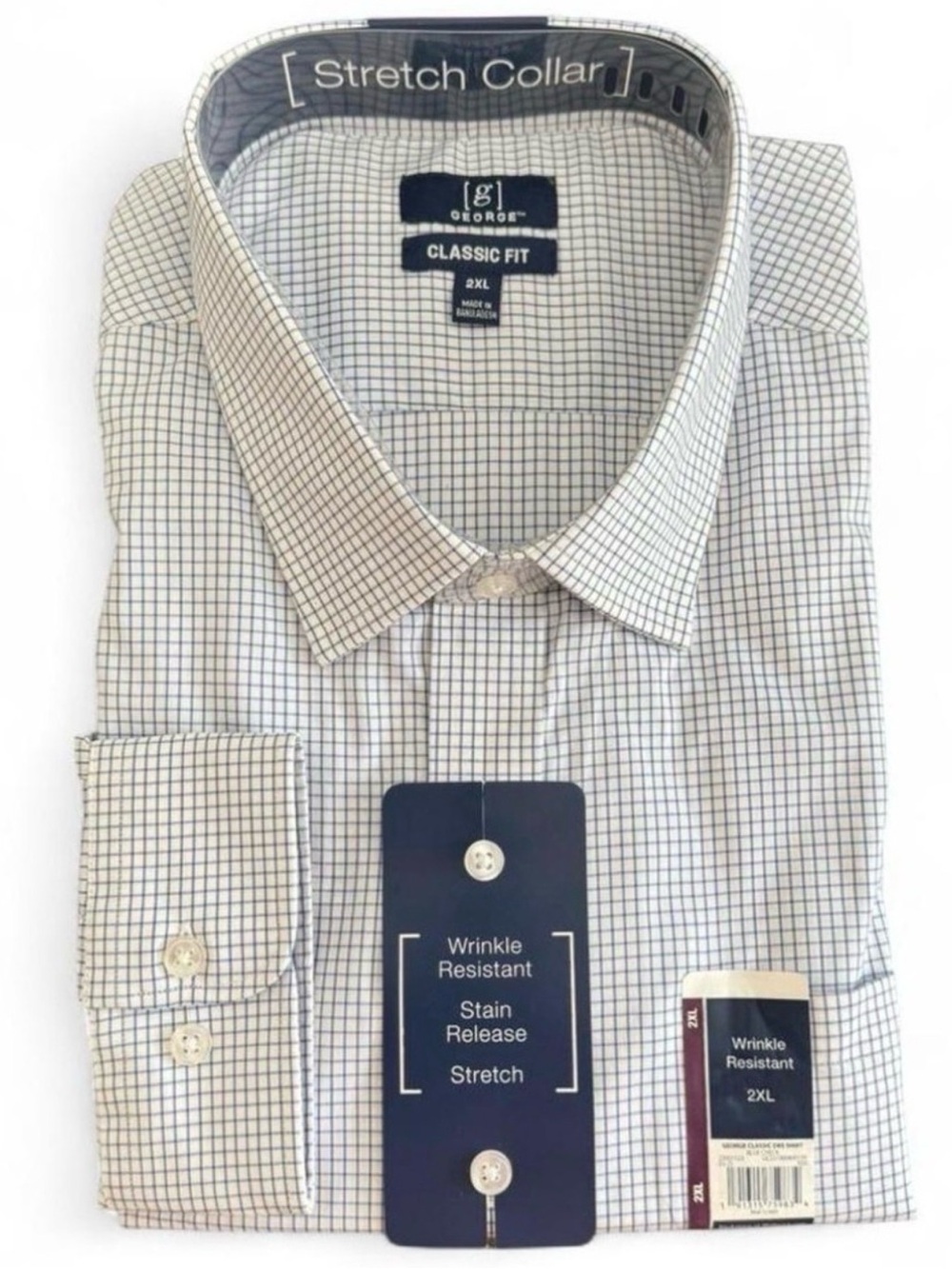 George Men’s 2XL Dress Shirt Blue Mini Check Classic Fit Stretch NWT